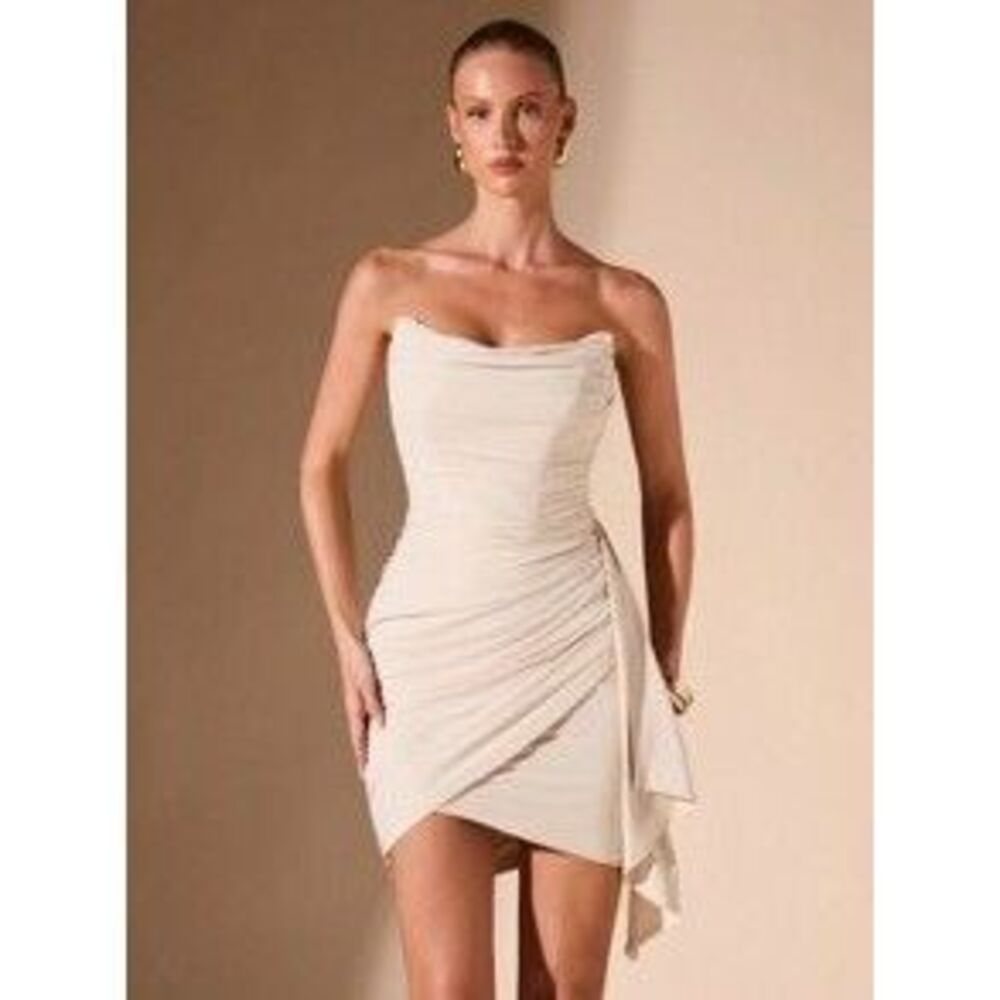 SHEIN BAE Apricot Plain Color Strapless Ruched Hem Glittery Bodycon Cocktail Dr…